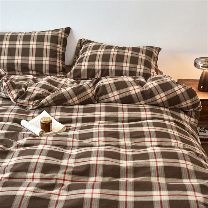 91家纺网 家纺一手货源 找家纺 兰紫橙家纺 2026新款全棉A类深色复古色织方格子水洗棉-赫本雅素系列（含买家秀和质检报告） 木槿咖