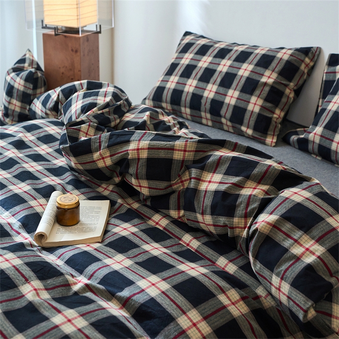 91家纺网 家纺一手货源 找家纺 兰紫橙家纺 2026新款全棉A类深色复古色织方格子水洗棉-赫本雅素系列（含买家秀和质检报告） 木槿黑