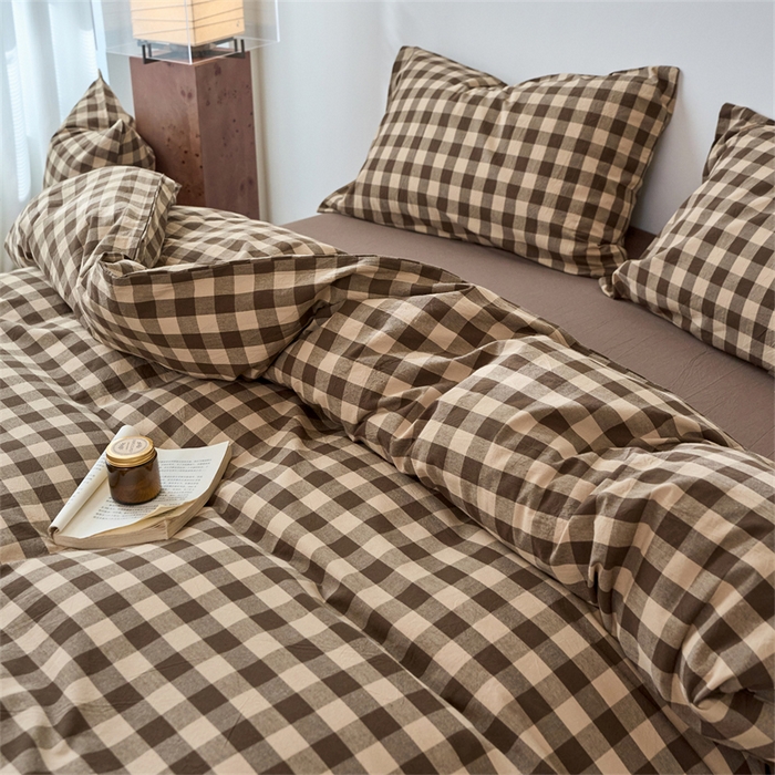 91家纺网 家纺一手货源 找家纺 兰紫橙家纺 2026新款全棉A类深色复古色织方格子水洗棉-赫本雅素系列（含买家秀和质检报告） 雅素咖