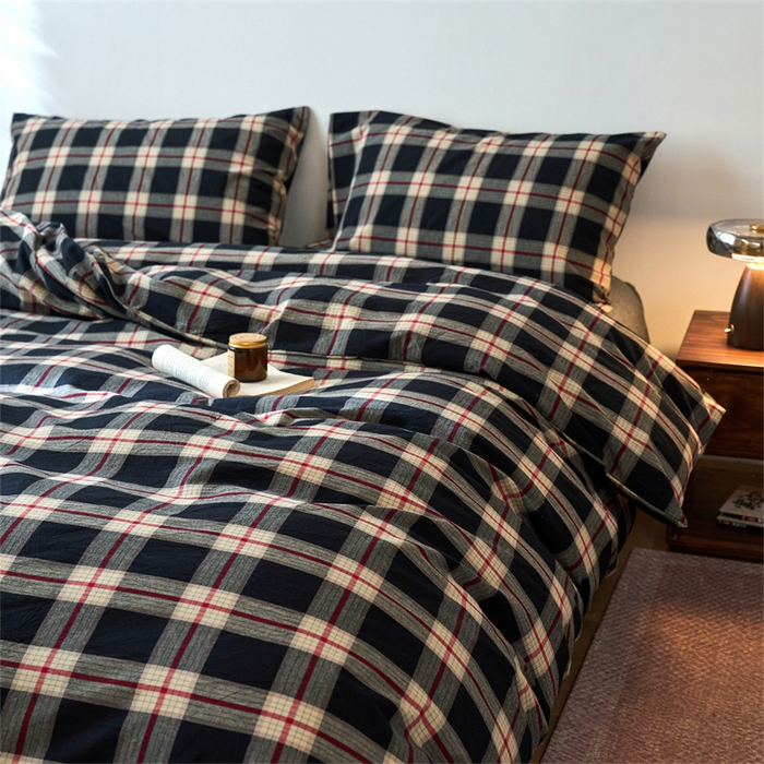 91家纺网 家纺一手货源 找家纺 兰紫橙家纺 2026新款全棉A类深色复古色织方格子水洗棉-赫本雅素系列（含买家秀和质检报告） 木槿黑