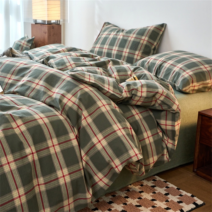 91家纺网 家纺一手货源 找家纺 兰紫橙家纺 2026新款全棉A类深色复古色织方格子水洗棉-赫本雅素系列（含买家秀和质检报告） 木槿绿