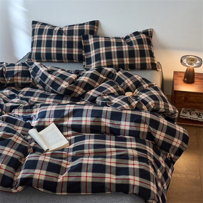 91家纺网 家纺一手货源 找家纺 兰紫橙家纺 2026新款全棉A类深色复古色织方格子水洗棉-赫本雅素系列（含买家秀和质检报告） 木槿黑