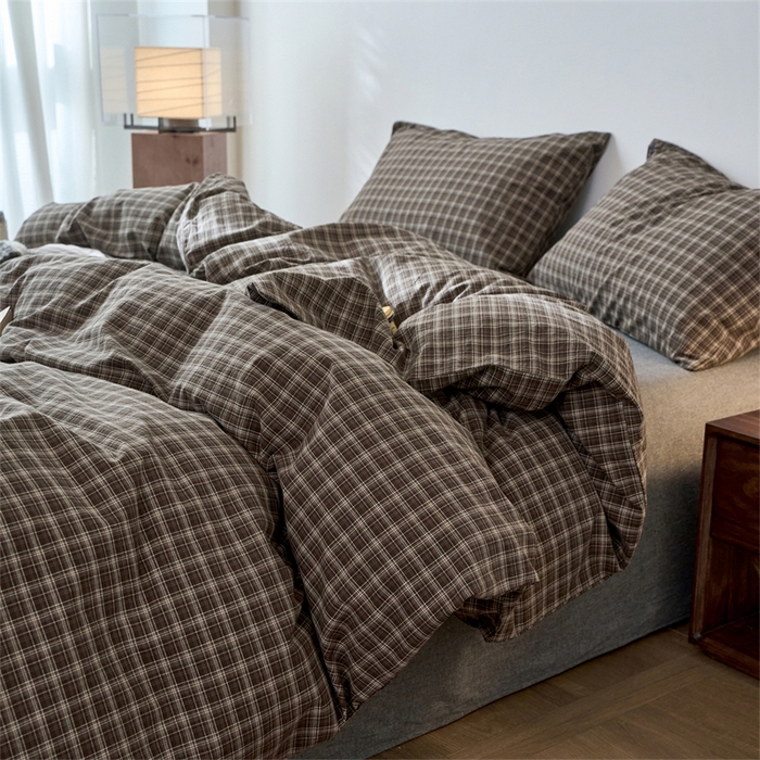 91家纺网 家纺一手货源 找家纺 兰紫橙家纺 2026新款全棉A类深色复古色织方格子水洗棉-赫本雅素系列（含买家秀和质检报告） 莫奈咖