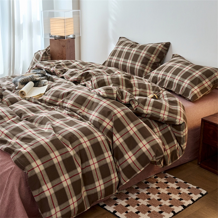 91家纺网 家纺一手货源 找家纺 兰紫橙家纺 2026新款全棉A类深色复古色织方格子水洗棉-赫本雅素系列（含买家秀和质检报告） 木槿咖