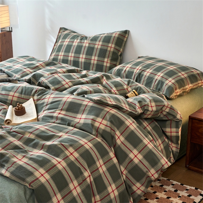 91家纺网 家纺一手货源 找家纺 兰紫橙家纺 2026新款全棉A类深色复古色织方格子水洗棉-赫本雅素系列（含买家秀和质检报告） 木槿绿