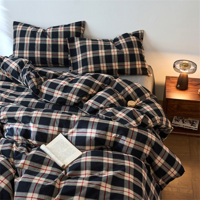 91家纺网 家纺一手货源 找家纺 兰紫橙家纺 2026新款全棉A类深色复古色织方格子水洗棉-赫本雅素系列（含买家秀和质检报告） 木槿黑