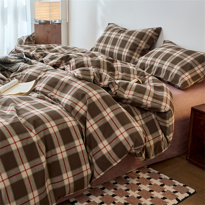 91家纺网 家纺一手货源 找家纺 兰紫橙家纺 2026新款全棉A类深色复古色织方格子水洗棉-赫本雅素系列（含买家秀和质检报告） 木槿咖