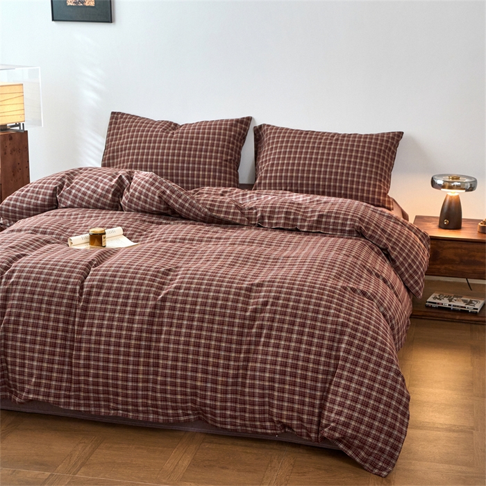 91家纺网 家纺一手货源 找家纺 兰紫橙家纺 2026新款全棉A类深色复古色织方格子水洗棉-赫本雅素系列（含买家秀和质检报告） 莫奈红