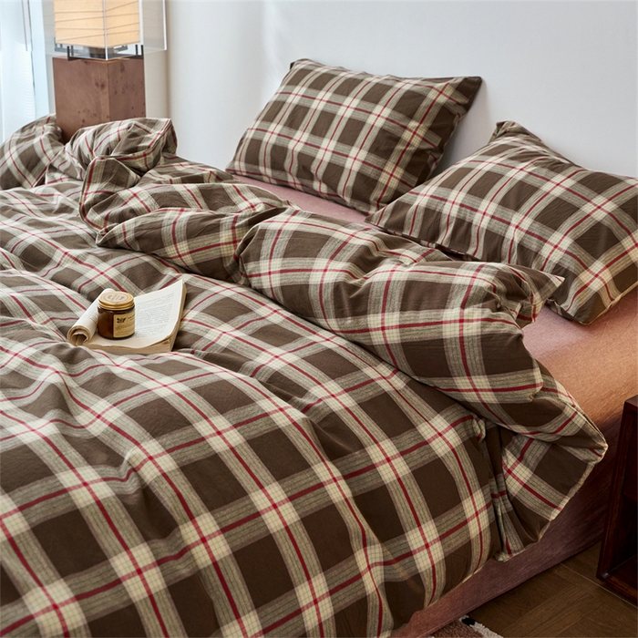 91家纺网 家纺一手货源 找家纺 兰紫橙家纺 2026新款全棉A类深色复古色织方格子水洗棉-赫本雅素系列（含买家秀和质检报告） 木槿咖