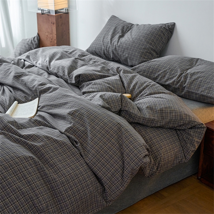 91家纺网 家纺一手货源 找家纺 兰紫橙家纺 2026新款全棉A类深色复古色织方格子水洗棉-赫本雅素系列（含买家秀和质检报告） 莫奈灰