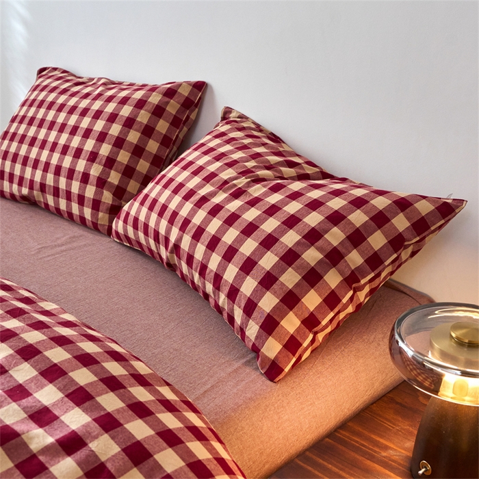91家纺网 家纺一手货源 找家纺 兰紫橙家纺 2026新款全棉A类深色复古色织方格子水洗棉-赫本雅素系列（含买家秀和质检报告） 雅素红