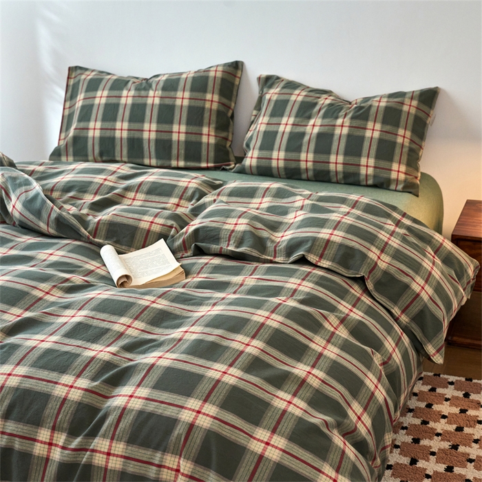 91家纺网 家纺一手货源 找家纺 兰紫橙家纺 2026新款全棉A类深色复古色织方格子水洗棉-赫本雅素系列（含买家秀和质检报告） 木槿绿