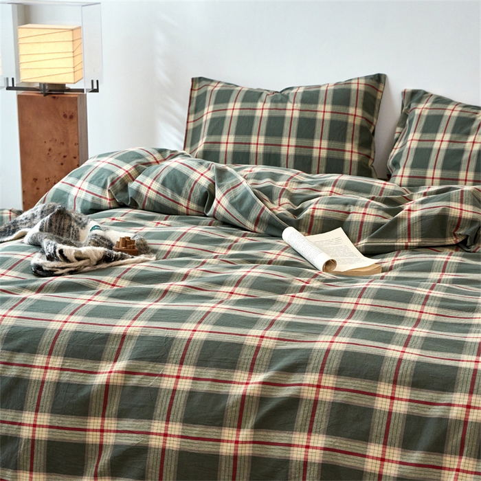 91家纺网 家纺一手货源 找家纺 兰紫橙家纺 2026新款全棉A类深色复古色织方格子水洗棉-赫本雅素系列（含买家秀和质检报告） 木槿绿