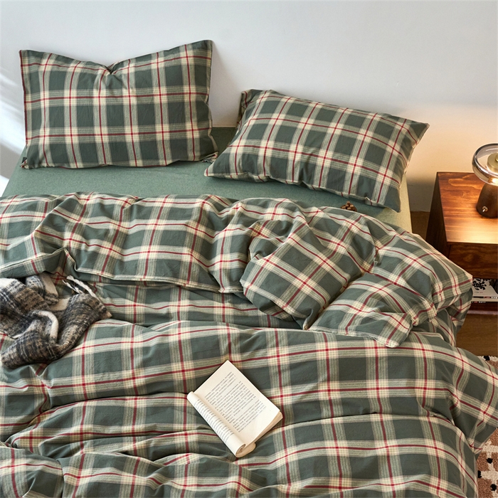 91家纺网 家纺一手货源 找家纺 兰紫橙家纺 2026新款全棉A类深色复古色织方格子水洗棉-赫本雅素系列（含买家秀和质检报告） 木槿绿