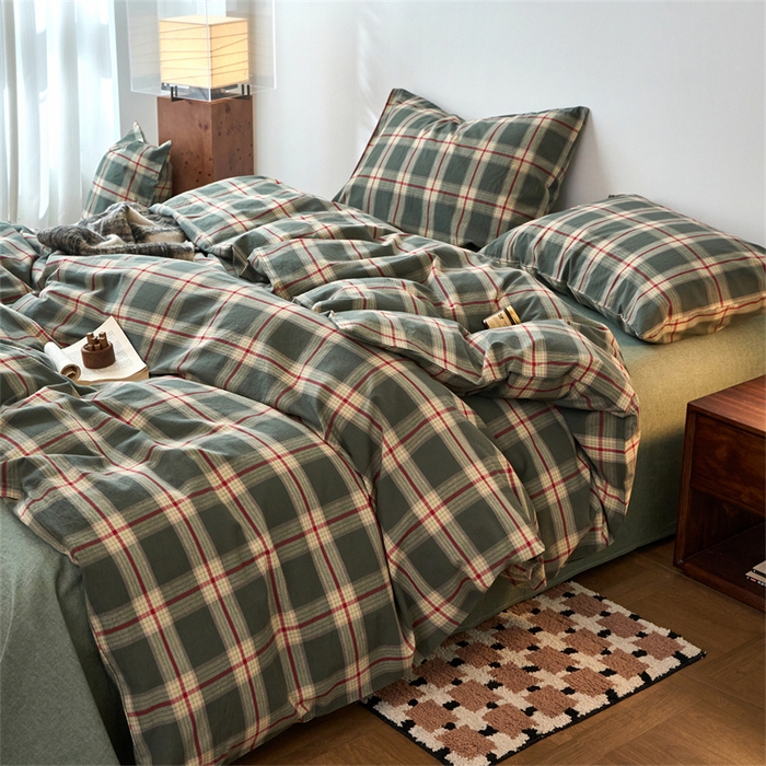 91家纺网 家纺一手货源 找家纺 兰紫橙家纺 2026新款全棉A类深色复古色织方格子水洗棉-赫本雅素系列（含买家秀和质检报告） 木槿绿