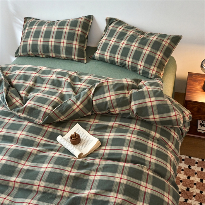 91家纺网 家纺一手货源 找家纺 兰紫橙家纺 2026新款全棉A类深色复古色织方格子水洗棉-赫本雅素系列（含买家秀和质检报告） 木槿绿