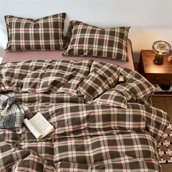 91家纺网 家纺一手货源 找家纺 兰紫橙家纺 2026新款全棉A类深色复古色织方格子水洗棉-赫本雅素系列（含买家秀和质检报告） 木槿咖