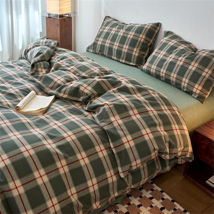 91家纺网 家纺一手货源 找家纺 兰紫橙家纺 2026新款全棉A类深色复古色织方格子水洗棉-赫本雅素系列（含买家秀和质检报告） 木槿绿