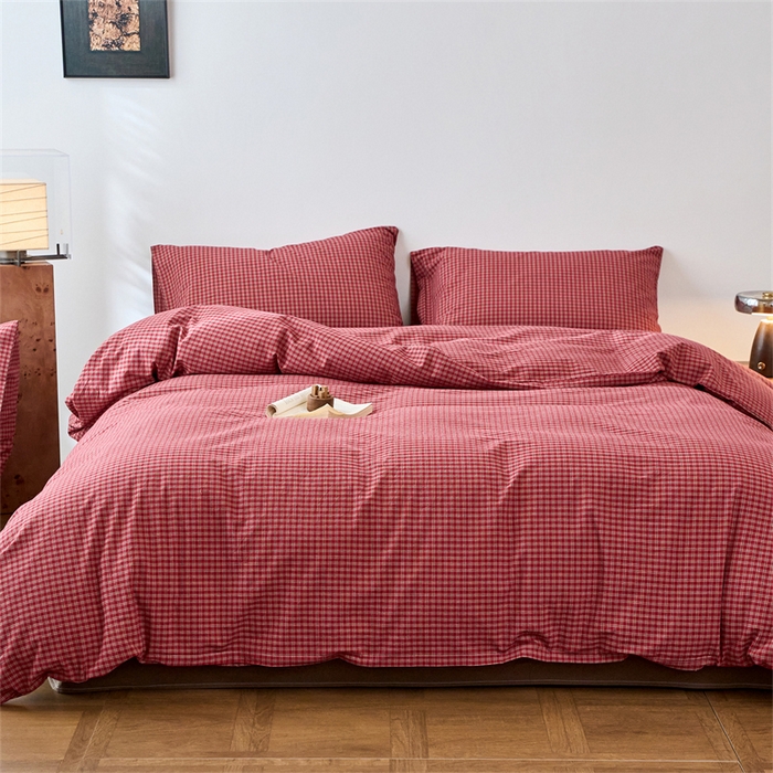 91家纺网 家纺一手货源 找家纺 兰紫橙家纺 2026新款全棉A类深色复古色织方格子水洗棉-赫本雅素系列（含买家秀和质检报告） 赫本红