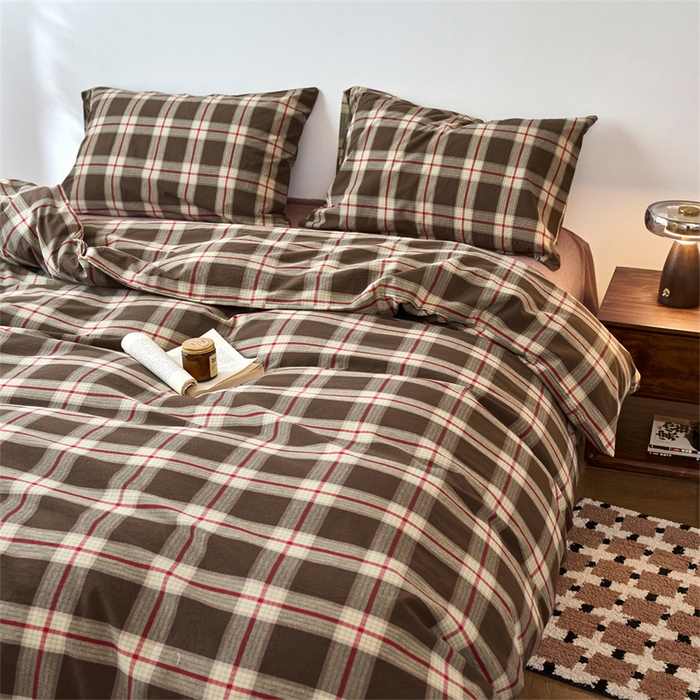 91家纺网 家纺一手货源 找家纺 兰紫橙家纺 2026新款全棉A类深色复古色织方格子水洗棉-赫本雅素系列（含买家秀和质检报告） 木槿咖