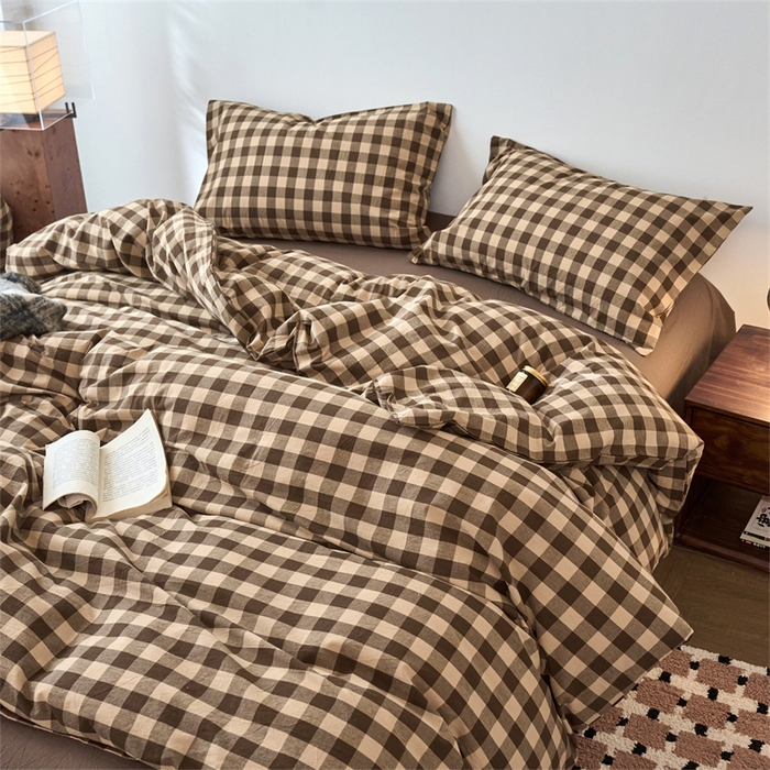 91家纺网 家纺一手货源 找家纺 兰紫橙家纺 2026新款全棉A类深色复古色织方格子水洗棉-赫本雅素系列（含买家秀和质检报告） 雅素咖