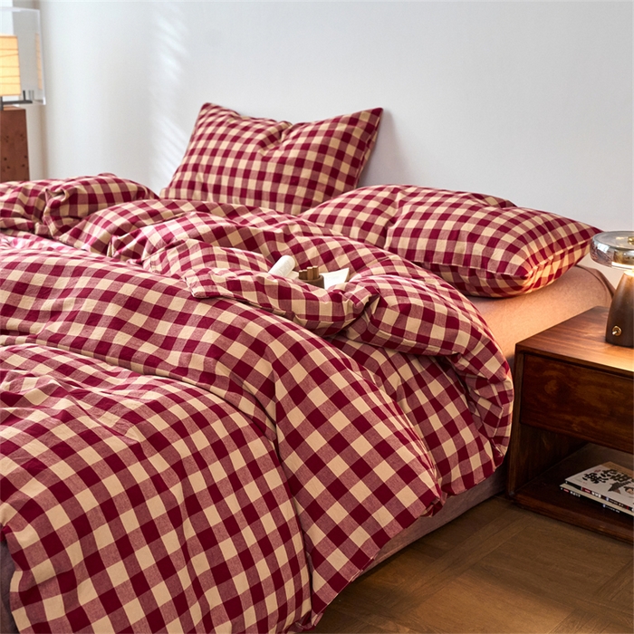 91家纺网 家纺一手货源 找家纺 兰紫橙家纺 2026新款全棉A类深色复古色织方格子水洗棉-赫本雅素系列（含买家秀和质检报告） 雅素红