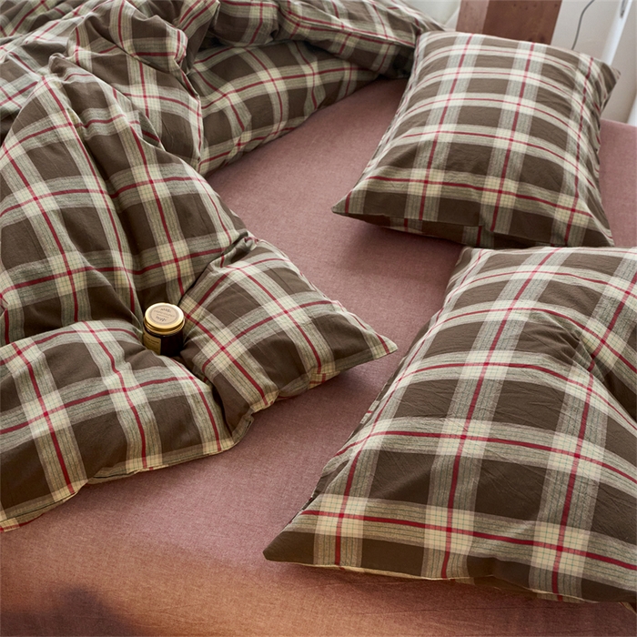 91家纺网 家纺一手货源 找家纺 兰紫橙家纺 2026新款全棉A类深色复古色织方格子水洗棉-赫本雅素系列（含买家秀和质检报告） 木槿咖