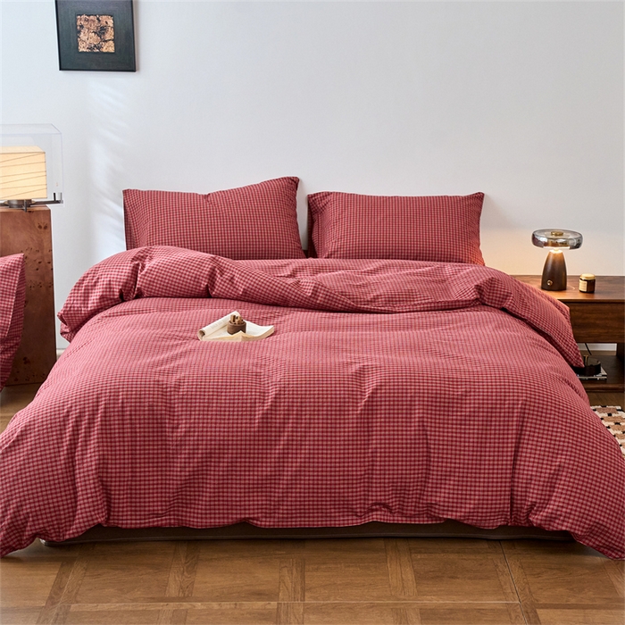 91家纺网 家纺一手货源 找家纺 兰紫橙家纺 2026新款全棉A类深色复古色织方格子水洗棉-赫本雅素系列（含买家秀和质检报告） 赫本红