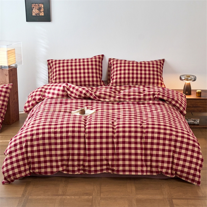 91家纺网 家纺一手货源 找家纺 兰紫橙家纺 2026新款全棉A类深色复古色织方格子水洗棉-赫本雅素系列（含买家秀和质检报告） 雅素红