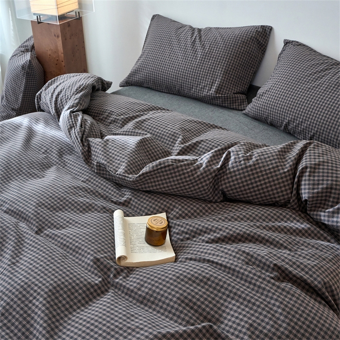 91家纺网 家纺一手货源 找家纺 兰紫橙家纺 2026新款全棉A类深色复古色织方格子水洗棉-赫本雅素系列（含买家秀和质检报告） 赫本灰