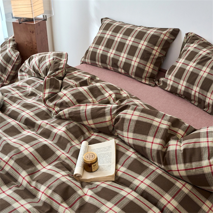 91家纺网 家纺一手货源 找家纺 兰紫橙家纺 2026新款全棉A类深色复古色织方格子水洗棉-赫本雅素系列（含买家秀和质检报告） 木槿咖