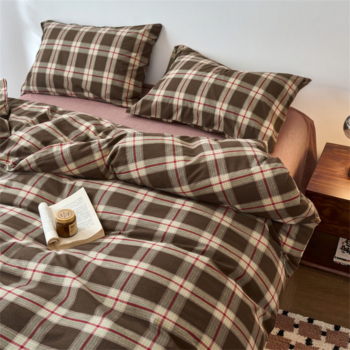 91家纺网 家纺一手货源 找家纺 兰紫橙家纺 2026新款全棉A类深色复古色织方格子水洗棉-赫本雅素系列（含买家秀和质检报告） 木槿咖