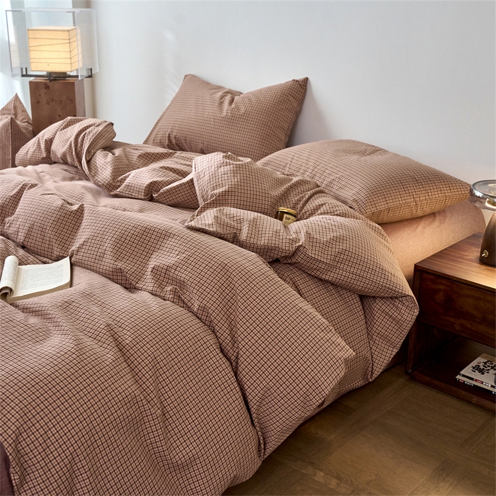91家纺网 家纺一手货源 找家纺 兰紫橙家纺 2026新款全棉A类深色复古色织方格子水洗棉-赫本雅素系列（含买家秀和质检报告） 沐风粉