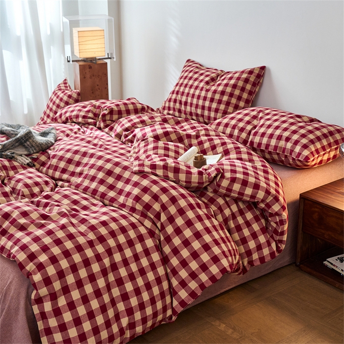 91家纺网 家纺一手货源 找家纺 兰紫橙家纺 2026新款全棉A类深色复古色织方格子水洗棉-赫本雅素系列（含买家秀和质检报告） 雅素红