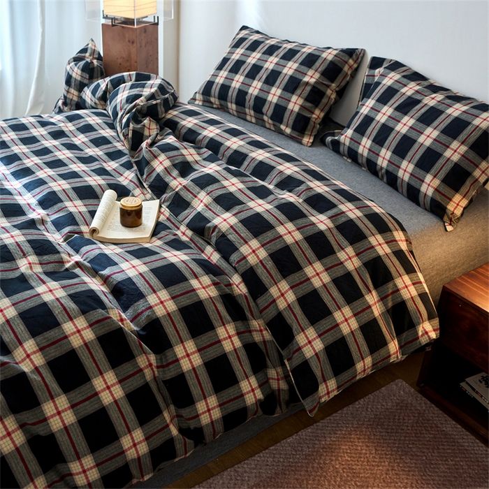 91家纺网 家纺一手货源 找家纺 兰紫橙家纺 2026新款全棉A类深色复古色织方格子水洗棉-赫本雅素系列（含买家秀和质检报告） 木槿黑