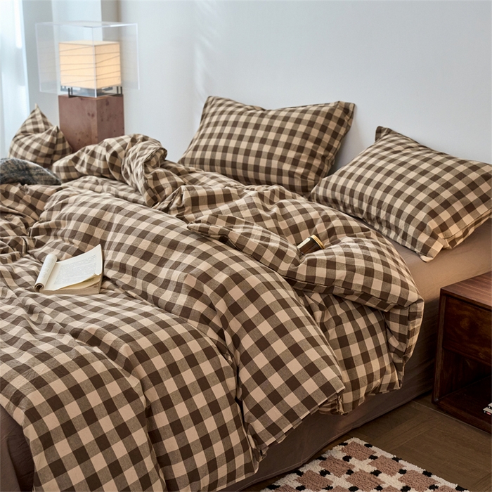 91家纺网 家纺一手货源 找家纺 兰紫橙家纺 2026新款全棉A类深色复古色织方格子水洗棉-赫本雅素系列（含买家秀和质检报告） 雅素咖