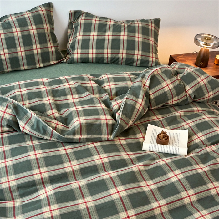 91家纺网 家纺一手货源 找家纺 兰紫橙家纺 2026新款全棉A类深色复古色织方格子水洗棉-赫本雅素系列（含买家秀和质检报告） 木槿绿