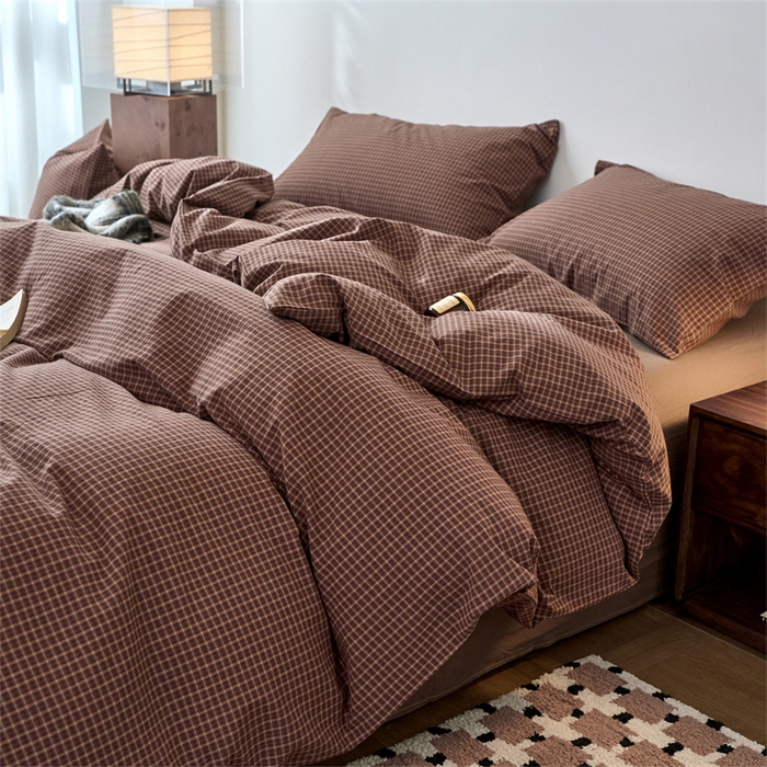 91家纺网 家纺一手货源 找家纺 兰紫橙家纺 2026新款全棉A类深色复古色织方格子水洗棉-赫本雅素系列（含买家秀和质检报告） 沐风焦糖