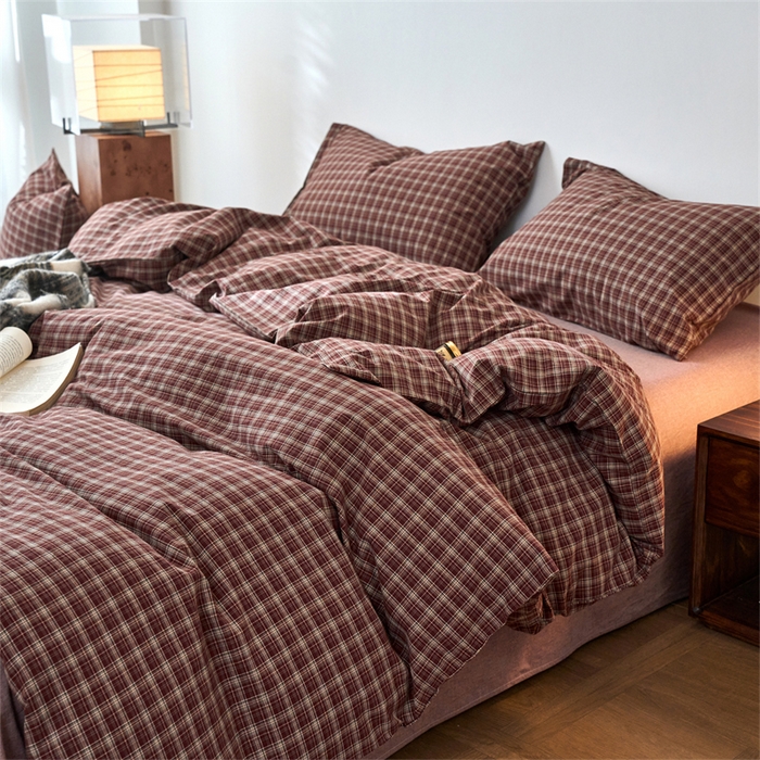 91家纺网 家纺一手货源 找家纺 兰紫橙家纺 2026新款全棉A类深色复古色织方格子水洗棉-赫本雅素系列（含买家秀和质检报告） 莫奈红