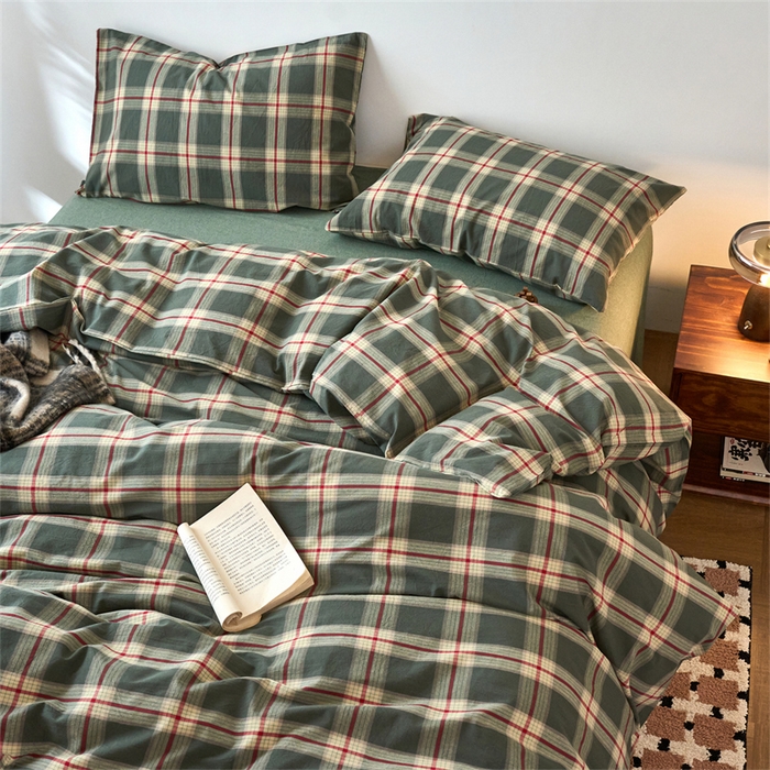 91家纺网 家纺一手货源 找家纺 兰紫橙家纺 2026新款全棉A类深色复古色织方格子水洗棉-赫本雅素系列（含买家秀和质检报告） 木槿绿