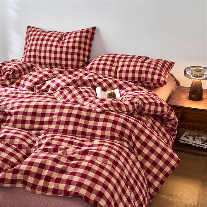 91家纺网 家纺一手货源 找家纺 兰紫橙家纺 2026新款全棉A类深色复古色织方格子水洗棉-赫本雅素系列（含买家秀和质检报告） 雅素红