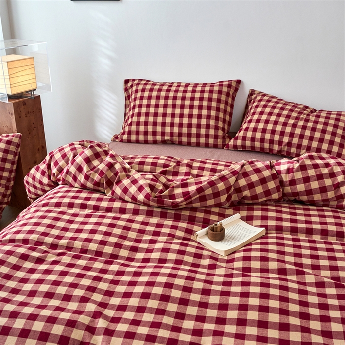91家纺网 家纺一手货源 找家纺 兰紫橙家纺 2026新款全棉A类深色复古色织方格子水洗棉-赫本雅素系列（含买家秀和质检报告） 雅素红