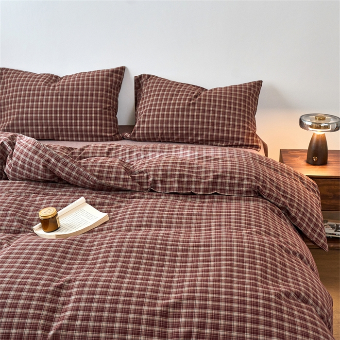 91家纺网 家纺一手货源 找家纺 兰紫橙家纺 2026新款全棉A类深色复古色织方格子水洗棉-赫本雅素系列（含买家秀和质检报告） 莫奈红