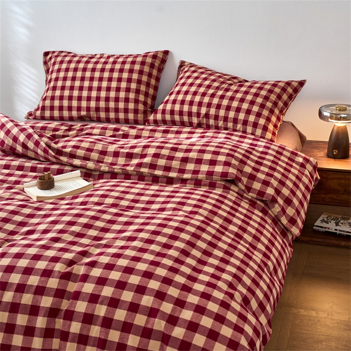 91家纺网 家纺一手货源 找家纺 兰紫橙家纺 2026新款全棉A类深色复古色织方格子水洗棉-赫本雅素系列（含买家秀和质检报告） 雅素红