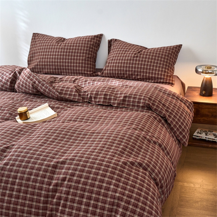 91家纺网 家纺一手货源 找家纺 兰紫橙家纺 2026新款全棉A类深色复古色织方格子水洗棉-赫本雅素系列（含买家秀和质检报告） 莫奈红