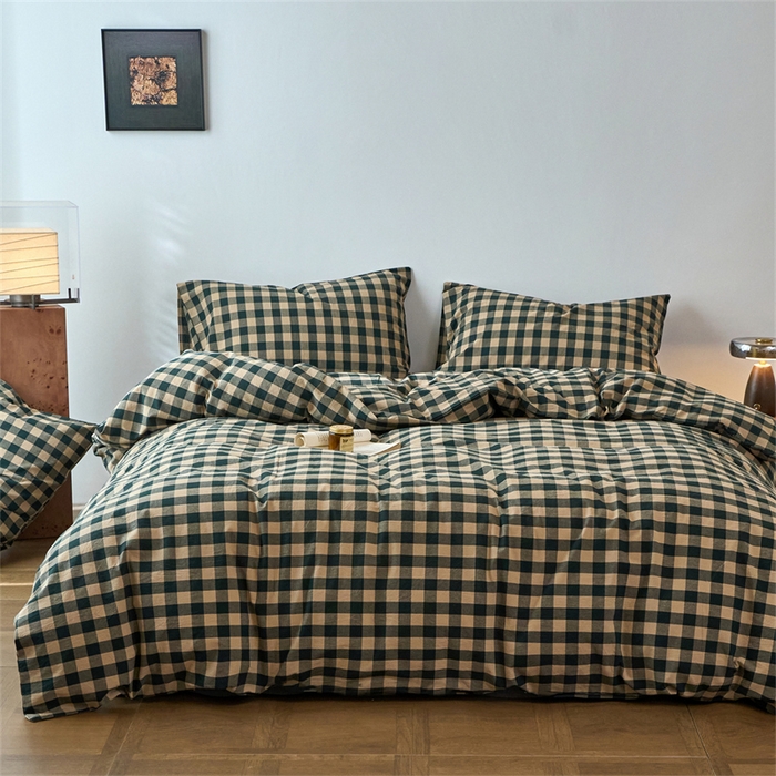 91家纺网 家纺一手货源 找家纺 兰紫橙家纺 2026新款全棉A类深色复古色织方格子水洗棉-赫本雅素系列（含买家秀和质检报告） 雅素绿