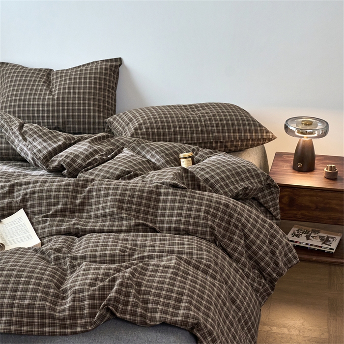 91家纺网 家纺一手货源 找家纺 兰紫橙家纺 2026新款全棉A类深色复古色织方格子水洗棉-赫本雅素系列（含买家秀和质检报告） 莫奈咖