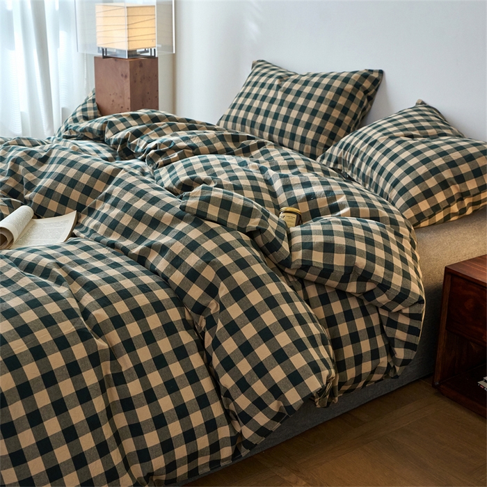 91家纺网 家纺一手货源 找家纺 兰紫橙家纺 2026新款全棉A类深色复古色织方格子水洗棉-赫本雅素系列（含买家秀和质检报告） 雅素绿