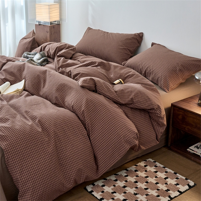 91家纺网 家纺一手货源 找家纺 兰紫橙家纺 2026新款全棉A类深色复古色织方格子水洗棉-赫本雅素系列（含买家秀和质检报告） 沐风焦糖