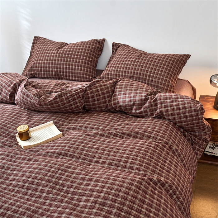 91家纺网 家纺一手货源 找家纺 兰紫橙家纺 2026新款全棉A类深色复古色织方格子水洗棉-赫本雅素系列（含买家秀和质检报告） 莫奈红